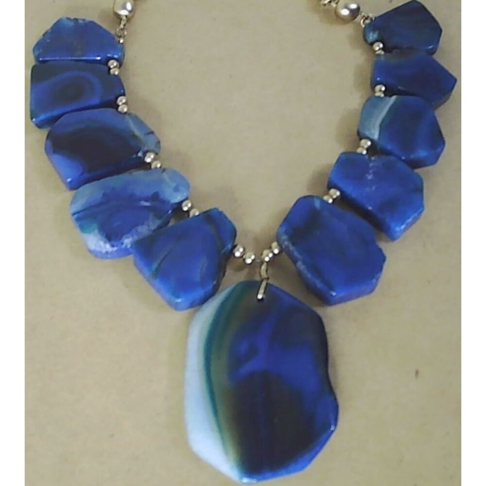 Chico's statement blue agate bib stone jewelry brass coated necklace - Picture 2 of 6